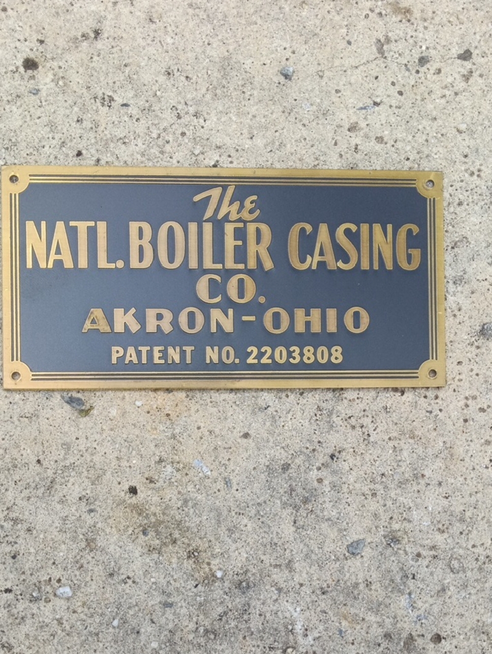 brass industrial nameplate from The National Boiler Casing Co. located in Akron